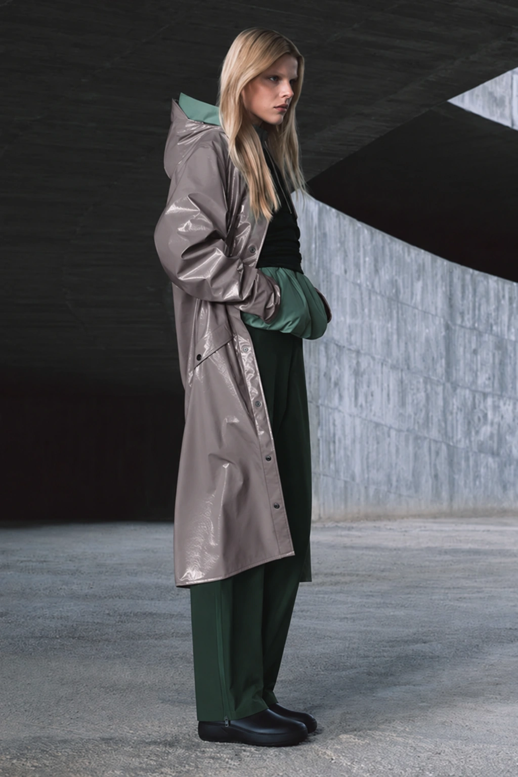 Long raincoat styled for everyday wear