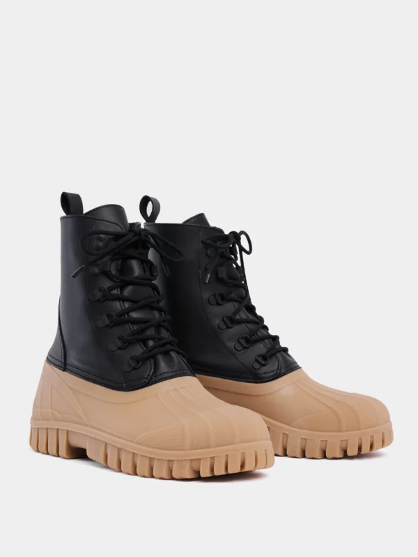 Men’s Water-Repellent Leather Duck Boots-Black/Fudge